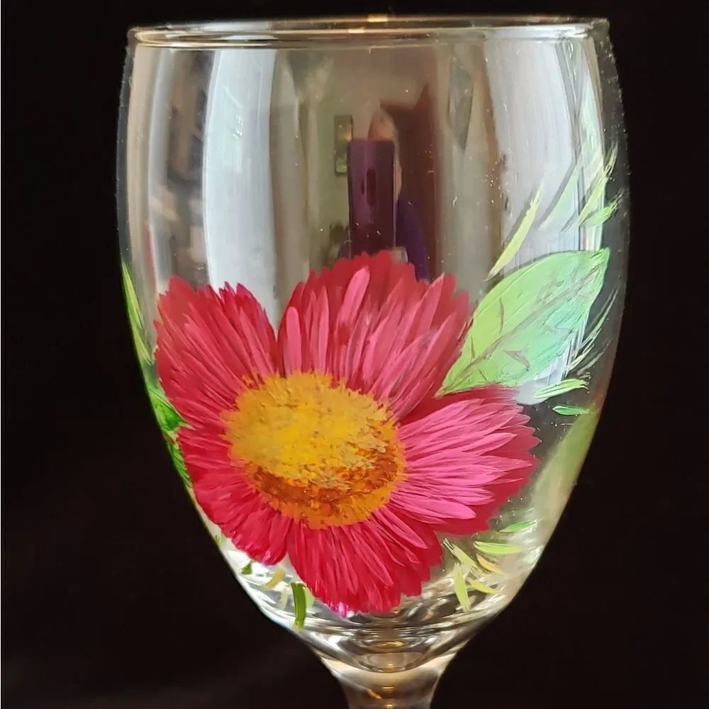 Brand New Pretty Floral Hand Painted Wine Glass
